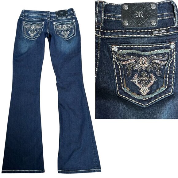 MISS ME DARK WASH WESTERN EMBROIDERED SIGNATURE BOOT CUT JEANS SZ. 28" EUC - Picture 3 of 5